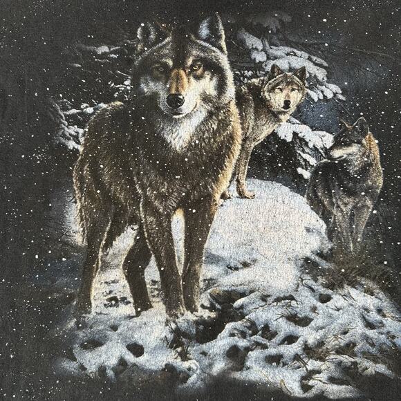 Vtg‎ 90s 3D Emblem Wolf T-Shirt Men’s XL Black AOP Short Sleeve Winter Galaxy - Picture 7 of 16